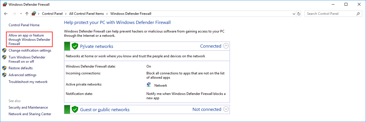 firewall settings windows 10