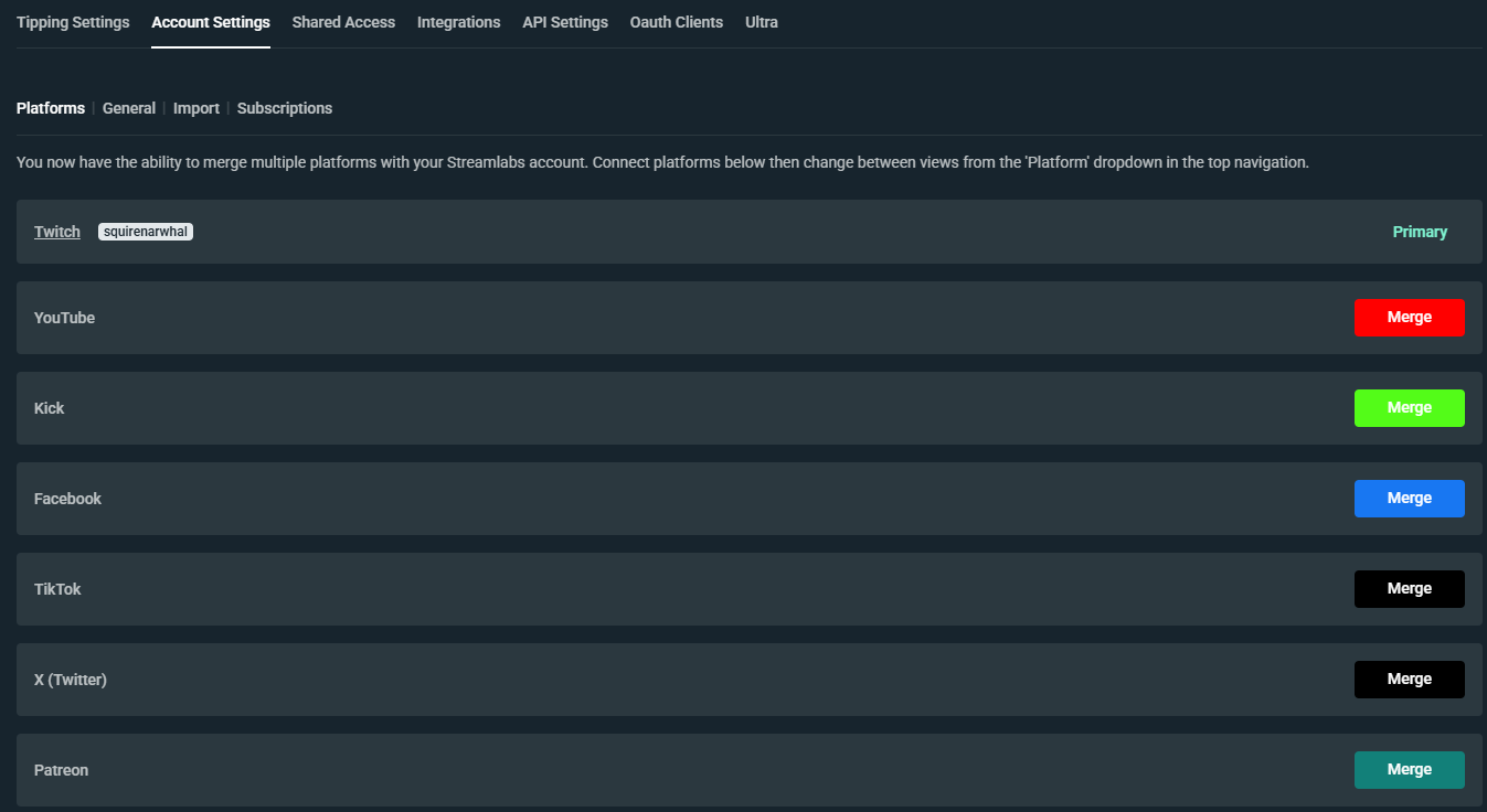 Streamlabs account merge setting screenshot
